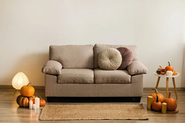 Bunch Pumpkins Different Kinds Shapes Colors Floor Table Couch Living — Foto Stock