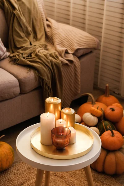 Room Full Different Pumpkins Lit Candlelight Evening Moody Image Decorated — Foto de Stock
