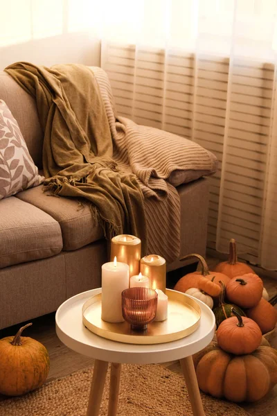 Bunch Pumpkins Different Kinds Shapes Colors Floor Table Couch Living — Foto Stock