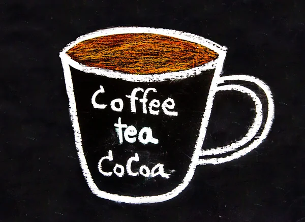 Sketch chalk cup of coffee and tea and cocoa on blackboard — Stock Photo, Image