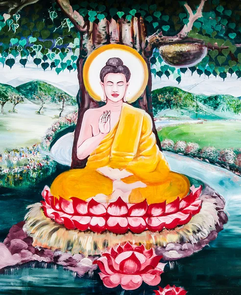 Thai painting art about buddha status on wall of the temple. Thi — Stockfoto