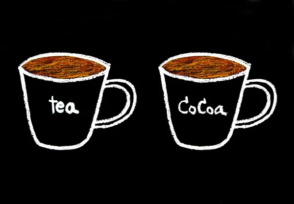 Boceto tiza de té y cacao en pizarra —  Fotos de Stock