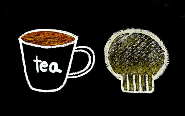 Sketch chalk of tea and bread on blackboard — Stock Photo, Image