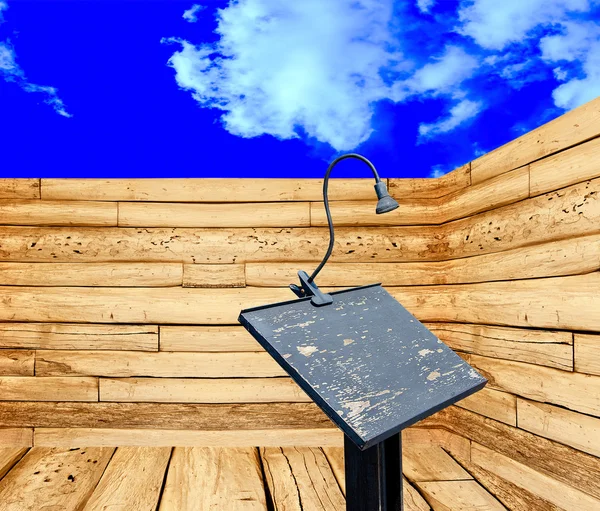 Podium and microphone in perspective view on blue sky background — Stock Photo, Image
