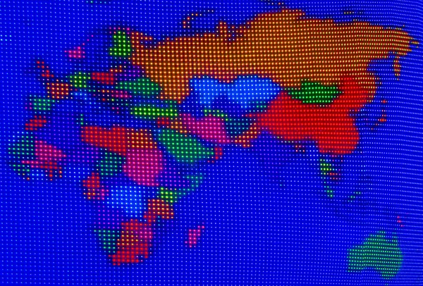 欧洲和南东亚地区地图的液晶屏上的彩色条纹 — 图库照片