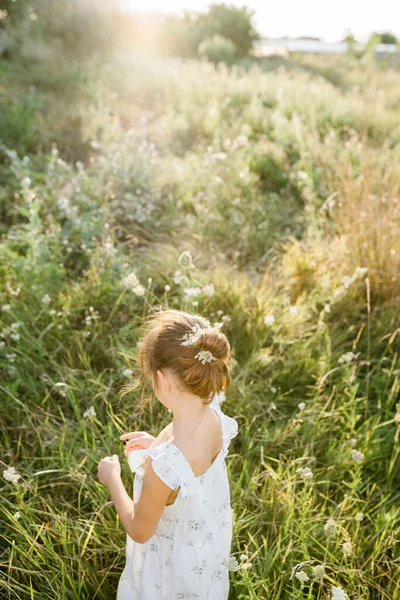 Menina feliz no campo da flor Rainha Annes Lace — Fotografia de Stock