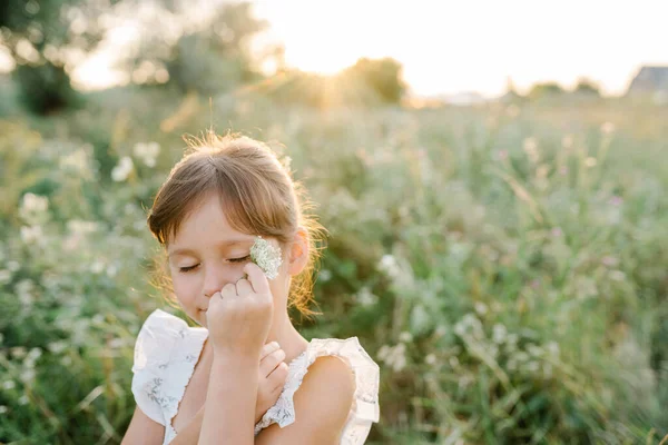 Happy little girl in the field of Queen Annes Lace flower — Stock Photo, Image