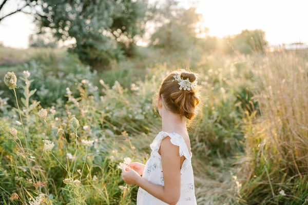 女王アンレースの花の分野で幸せな女の子 — ストック写真