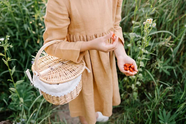Summer Vibes Unrecognizable Girl Wearing Mustard Linen Dress Picking Strawberries — ストック写真