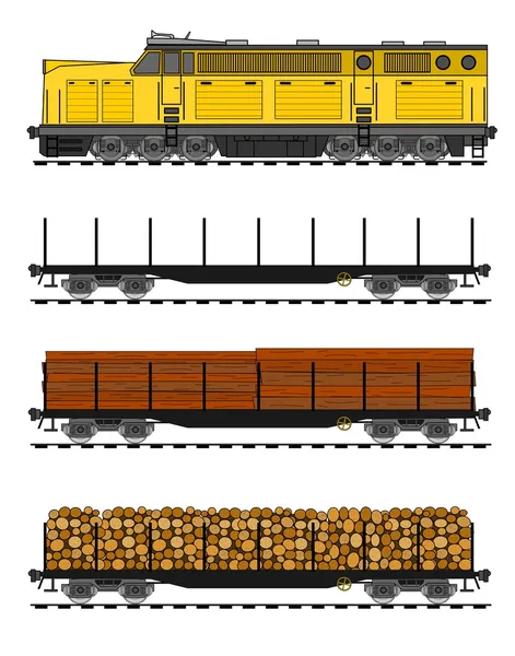 Güterzug im amerikanischen Stil mit Holzstämmen beladen. — Stockvektor