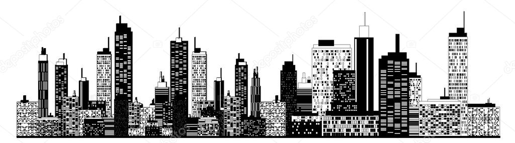 A black and white illustration of city skyline. Stock Vector