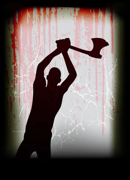 Affiche vectorielle Halloween, avec un homme hache fantomatique à une fenêtre trempée de sang — Image vectorielle