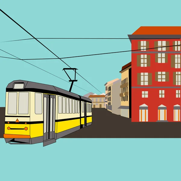 City Break, vector background with a tram and old high street fo — Stock Vector