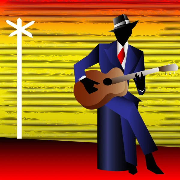 Guitarrista de Blues en la encrucijada, fondo vectorial para un Conce — Vector de stock