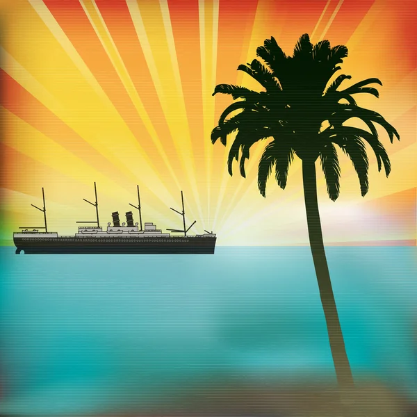 Cruzeiro marítimo vintage, fundo de vetor tropical com um pôr do sol e —  Vetores de Stock