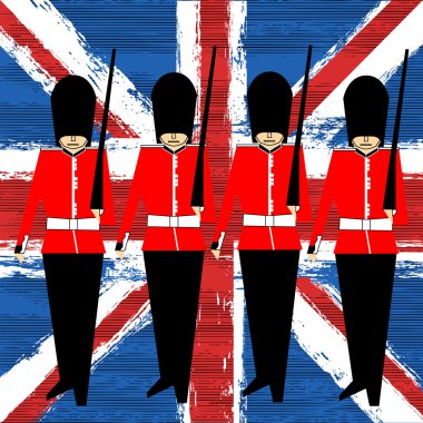 Guardsmen Marching Over A Union Jack vector background for a Bri clipart