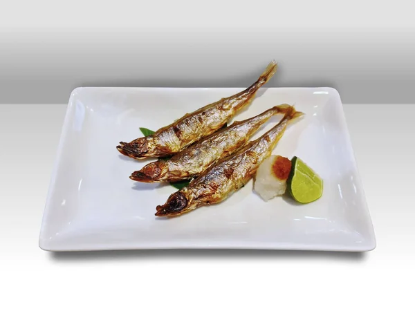 Traditional Japanese Food Crispy Fried Shishamo Fish White Plate — Stock Photo, Image