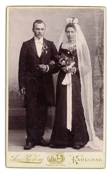 Antique 1895 Wedding Photo Bride in Black Dress & Groom — Stock Photo, Image