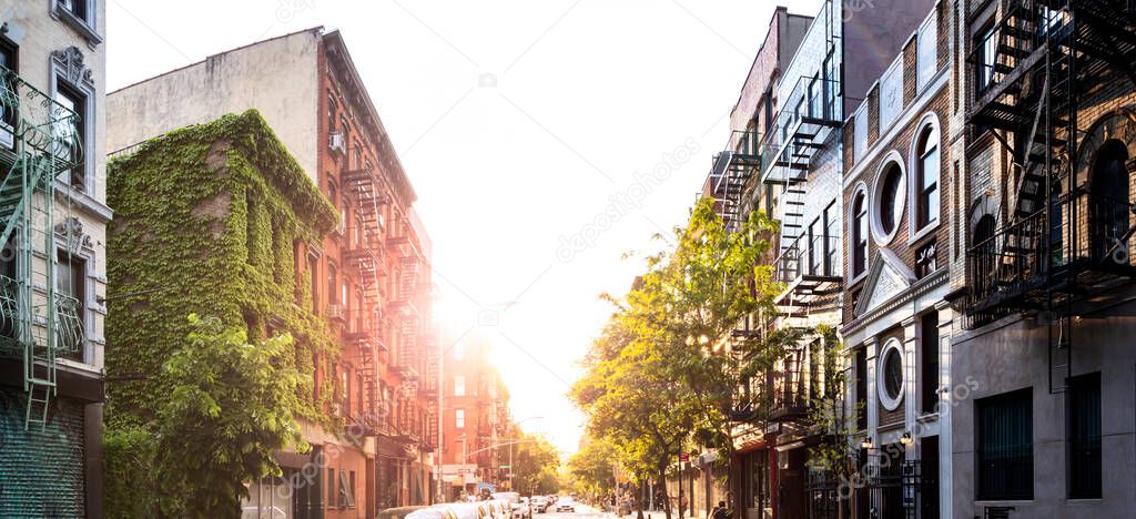 Panoramic view of the historic buildings on Stanton Street in the Lower East Side neighborhood of New York City NYC