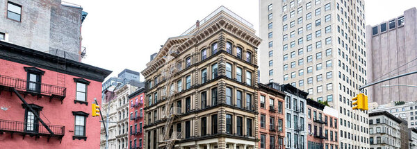 Panoramic view of the historic buildings on Church Street in the Tribeca neighborhood of New York City NYC