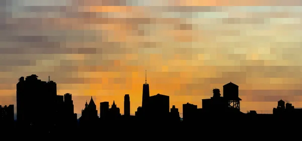 New York City Skyline Building Silhouettes Pixelated Yellow Sky Background — 图库照片