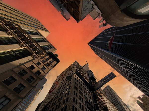 Looking up at the tall buildings of lower Manhattan in New York City against a colorful orange sky background
