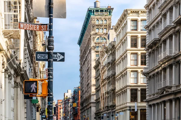 Block of old buildings on Broome and Wooster Streets in the historic SoHo neighborhood of Manhattan in New York City NYC