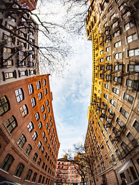 Looking Vertical View Block Old Buildings New York City Fisheye — 图库照片