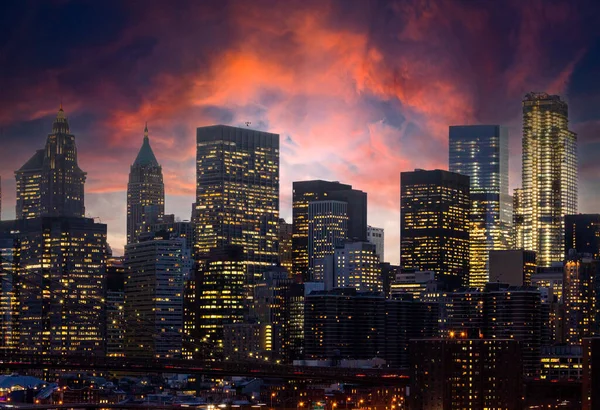 Skyline Building Lights Shining Dusk New York City Colorful Clouds — 스톡 사진