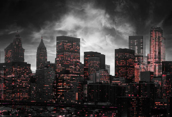 Red Lights Shining Buildings Black White New York City Skyline — Zdjęcie stockowe