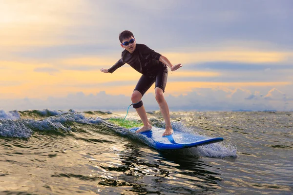 Young Boy Kid Surfer Riding Waves Soft Board Rayong Beach — Stock Fotó