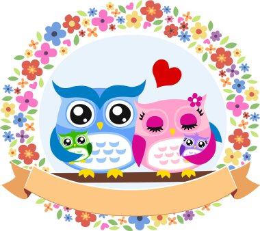 mutlu baykuş kuş ailesi çiçek amblem