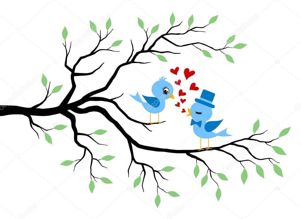 Kissing Birds Sitting On Branch. Summer Greeting.