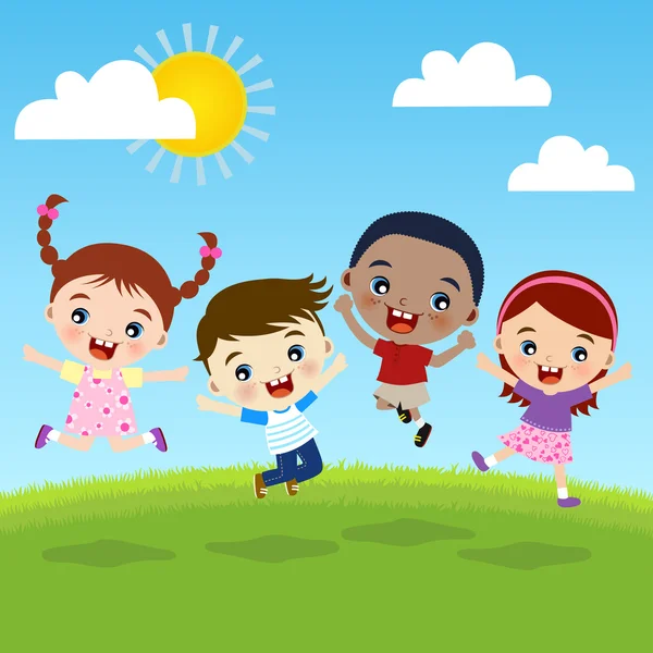 Crianças multiculturais pulando na colina —  Vetores de Stock