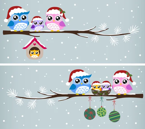 猫头鹰家庭圣诞庆祝活动 — 图库矢量图片