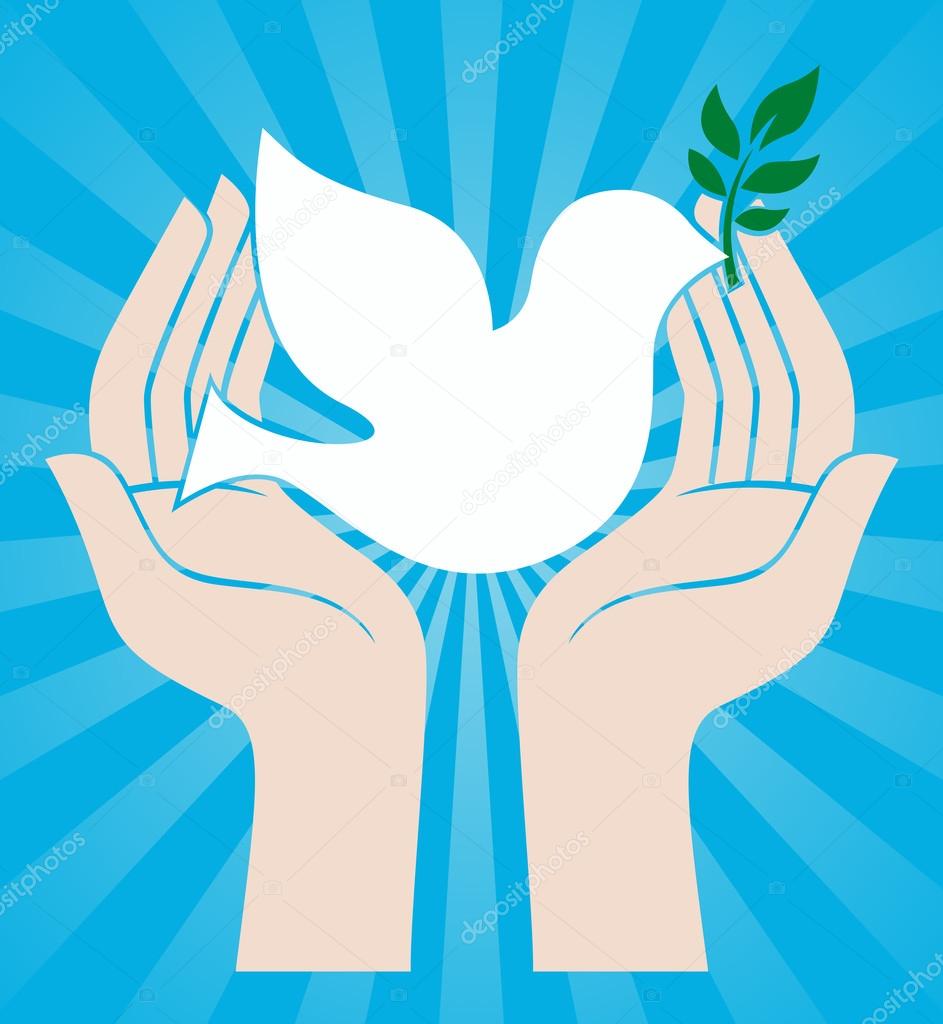 Peace sign of human hands holding dove