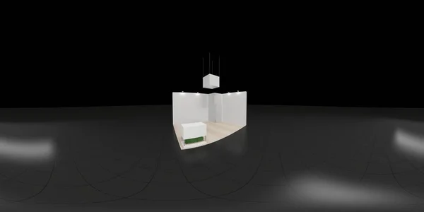 Panorama de RV sem costura esférica de 360 graus. Interior vazio da cabine de exposição de concreto com paredes e suportes de luz, renderização 3d . — Fotografia de Stock