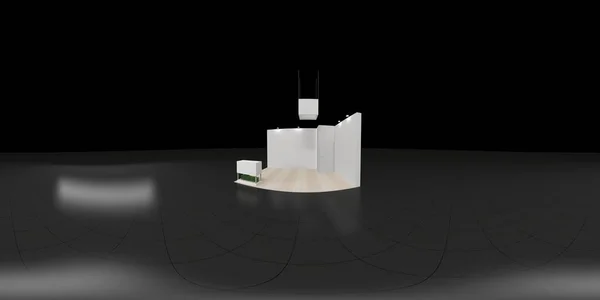 360 stopniowa sferyczna panorama VR bez szwu. Puste betonowe wnętrze stoiska wystawowego ze ścianami i oświetleniem, renderowanie 3D . — Zdjęcie stockowe