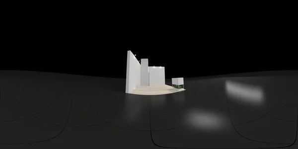 360 stupňů kulové bezešvé VR panorama. Prázdný betonový výstavní stánek interiér se stěnami a světelnými stánky, 3D vykreslování . — Stock fotografie