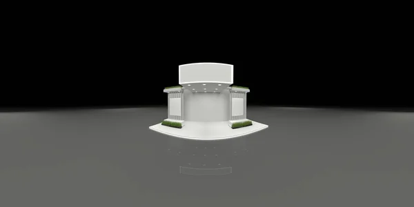 Panorama de RV sem costura esférica de 360 graus. Interior vazio da cabine de exposição de concreto com paredes e suportes de luz, renderização 3d . — Fotografia de Stock