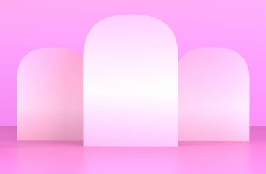 Tek renkli pembe renkte kapılar konsepti. Kopyalama alanı olan ışık arkaplanı. Web sayfası, sunum veya resim için 3B hazırlama