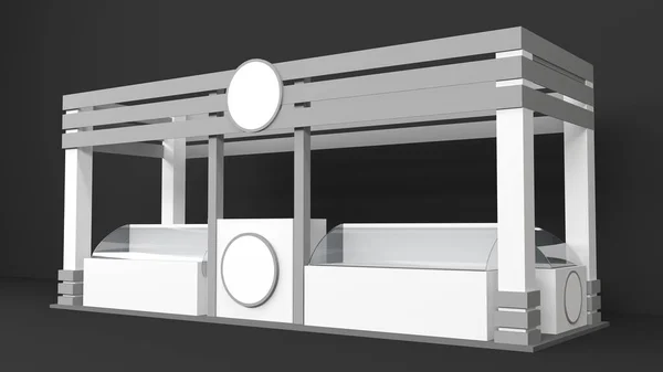 white long booth or kiosk with banner from front view. render