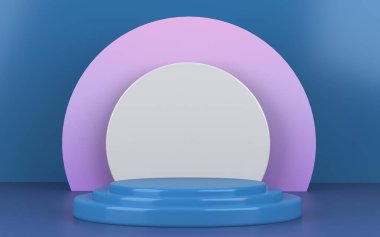 Ürün sunumu için podyumu olan pastel renklerde soyut bir arkaplan. 3D canlandırma sahnesi en az iki yuvarlak kaideyle. Reklam ve model gösteren paket için ideal