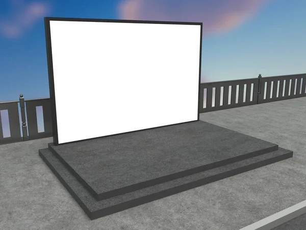 Exterior de concreto com vista para a cidade, luz solar e banner vazio com. Mockup, renderização 3D. Ao ar livre, céu, rua. Cena. — Fotografia de Stock