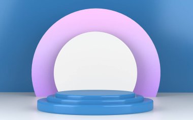 3 boyutlu, soyut geometrik arkaplan, pembe mavi şeffaf yuvarlak cam. Modern minimal vitrin modeli. Ticari ürün gösterimi için boş kaide platformu