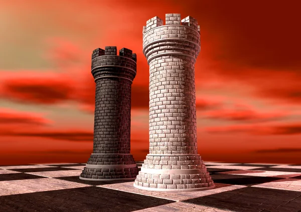 Black and White Chess Castles Square Off — стоковое фото