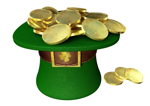 Chapéu de duende verde preenchido com moedas de ouro — Fotografia de Stock