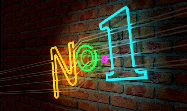 Neon número um sinal em uma parede de tijolo de rosto — Fotografia de Stock