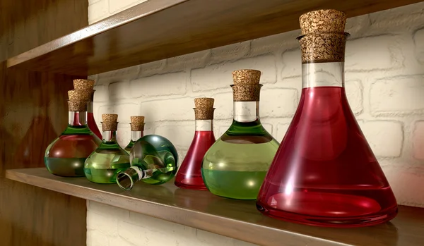 Bottiglie di pozione su uno scaffale — Foto Stock