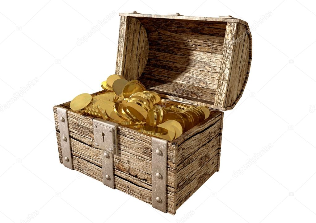 Open treasure chest with gold coins isolated on white Stock Photo